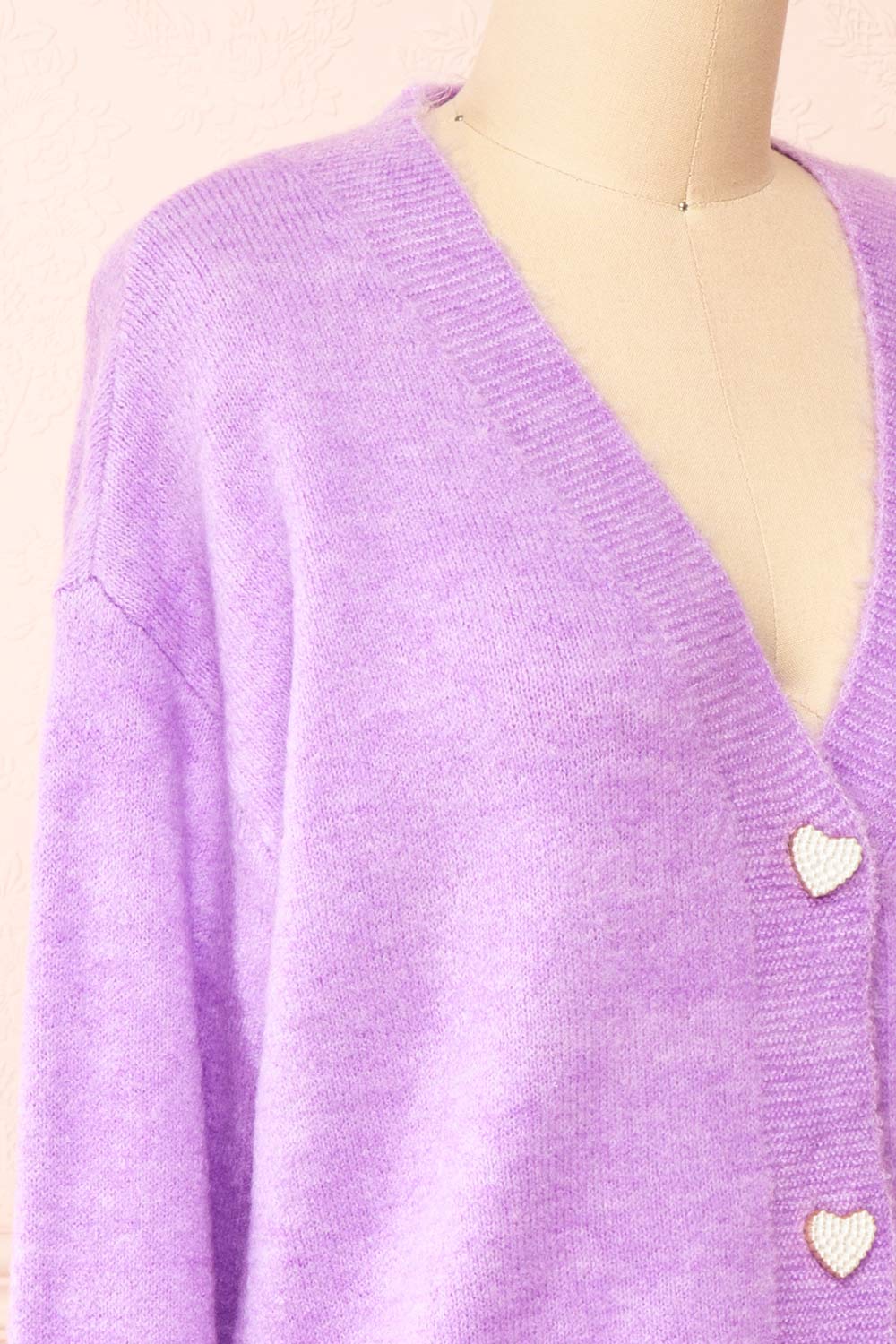 Elarisse Lilac Knit Cardigan w/ Heart Buttons | Boutique 1861 side close-up