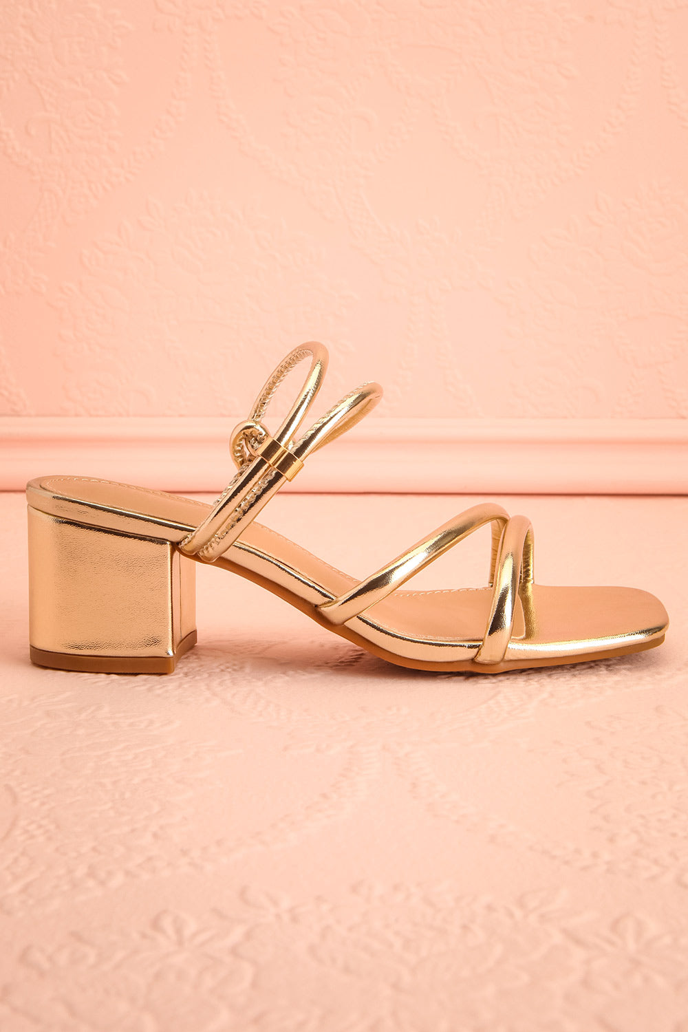 Elayna Gold Block Heel Sandals with Knot on Inner Straps | Boutique 1861 side view