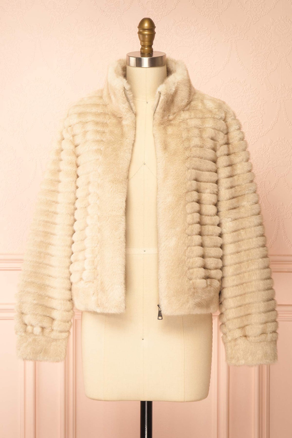 open view of Elbea Ivory Faux-Fur Ribbed Jacket with Pockets at Boutique 1861