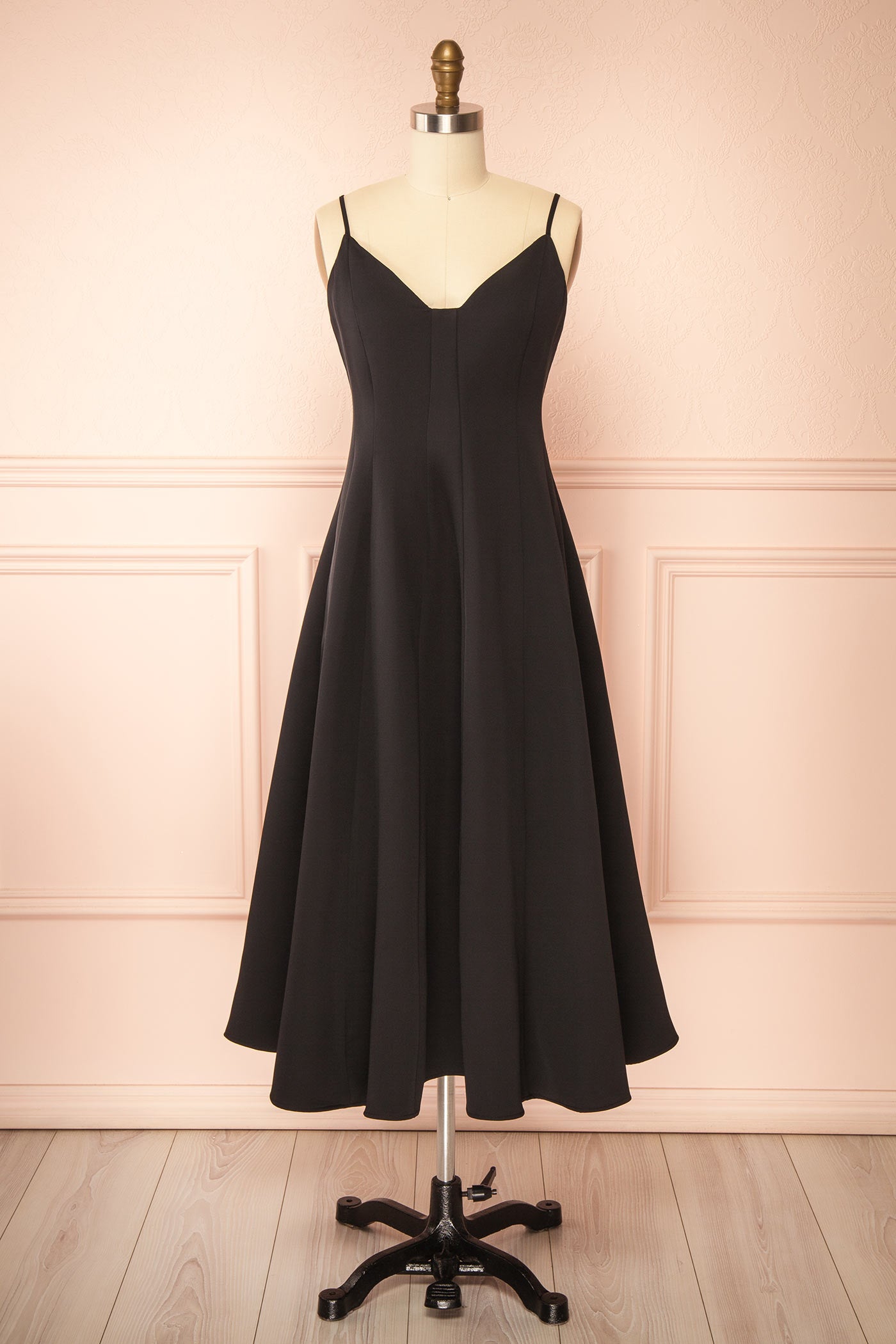 Elektra Black | V-Neck A-Line Midi Dress with Ajustable Strap