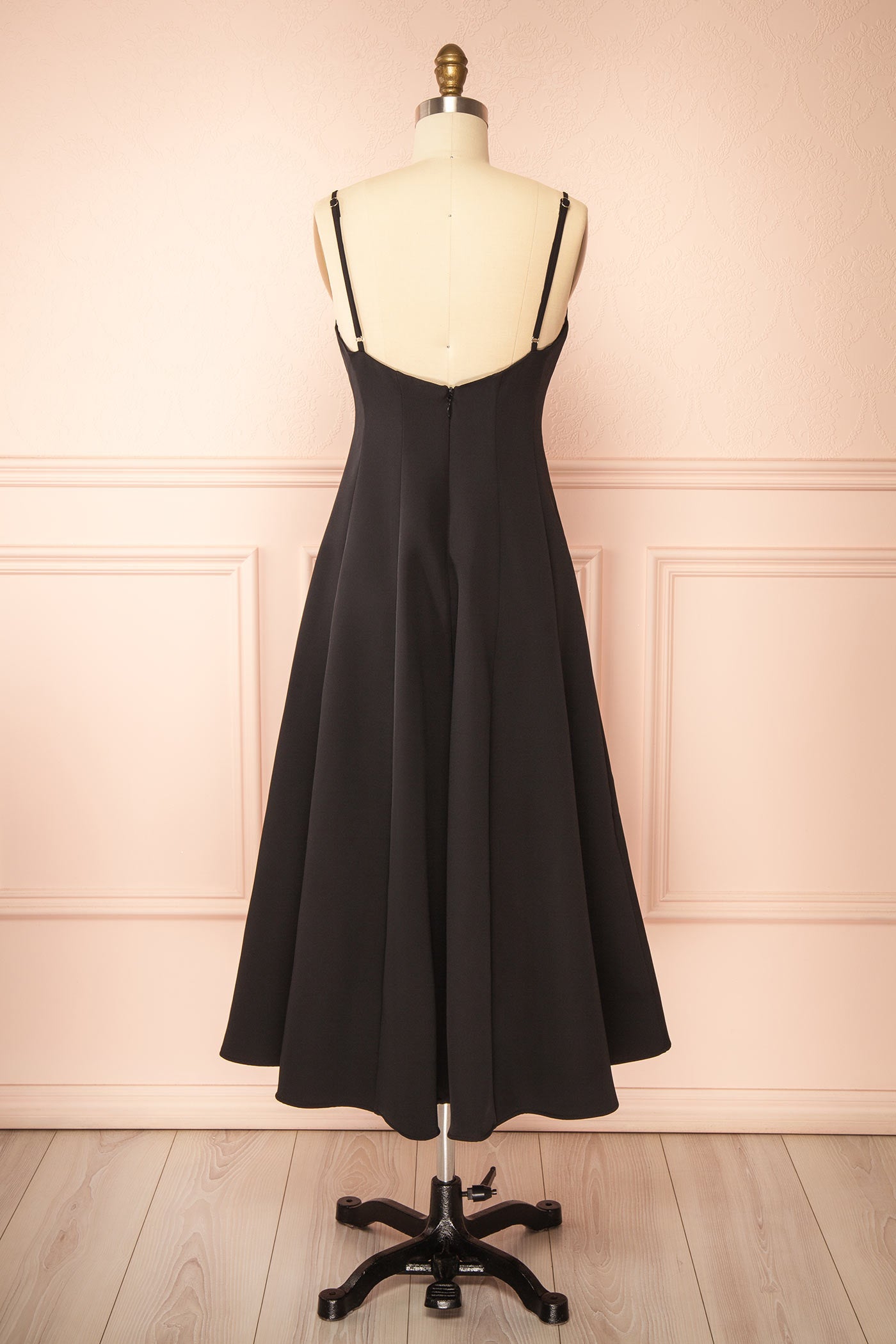 Elektra Black | V-Neck A-Line Midi Dress with Ajustable Strap
