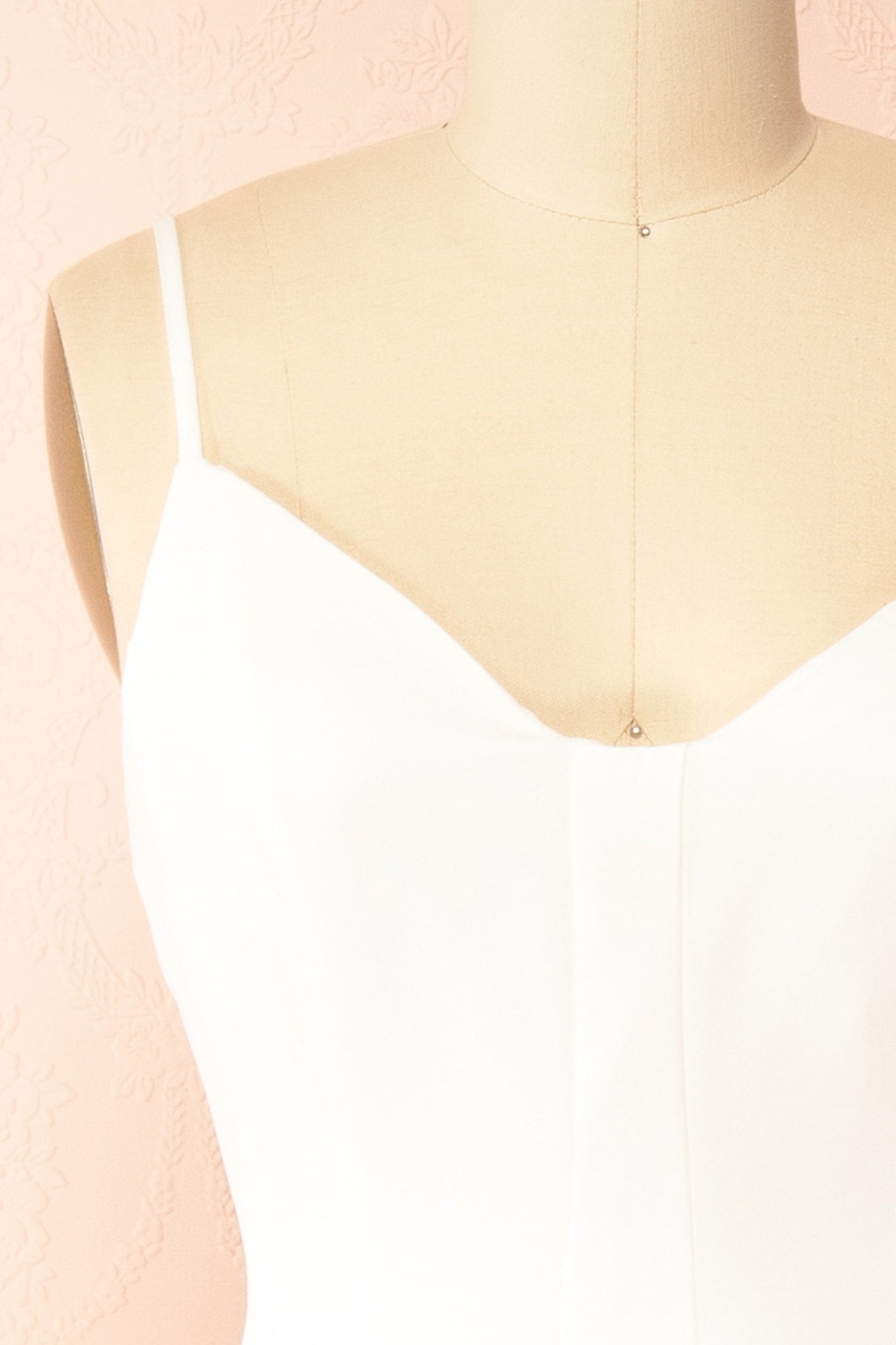 Close-up view Elektra Ivory V-Neck A-Line Midi Dress with Ajustable Strap at boutique 1861