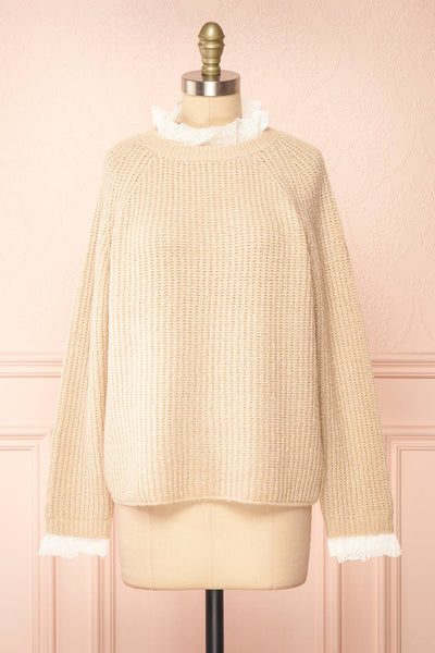 Eliona Beige Knit Sweater w/ Embroidered Openwork Collar | Boutique 1861 front view