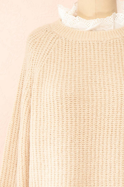 Eliona Beige Knit Sweater w/ Embroidered Openwork Collar | Boutique 1861 close-up