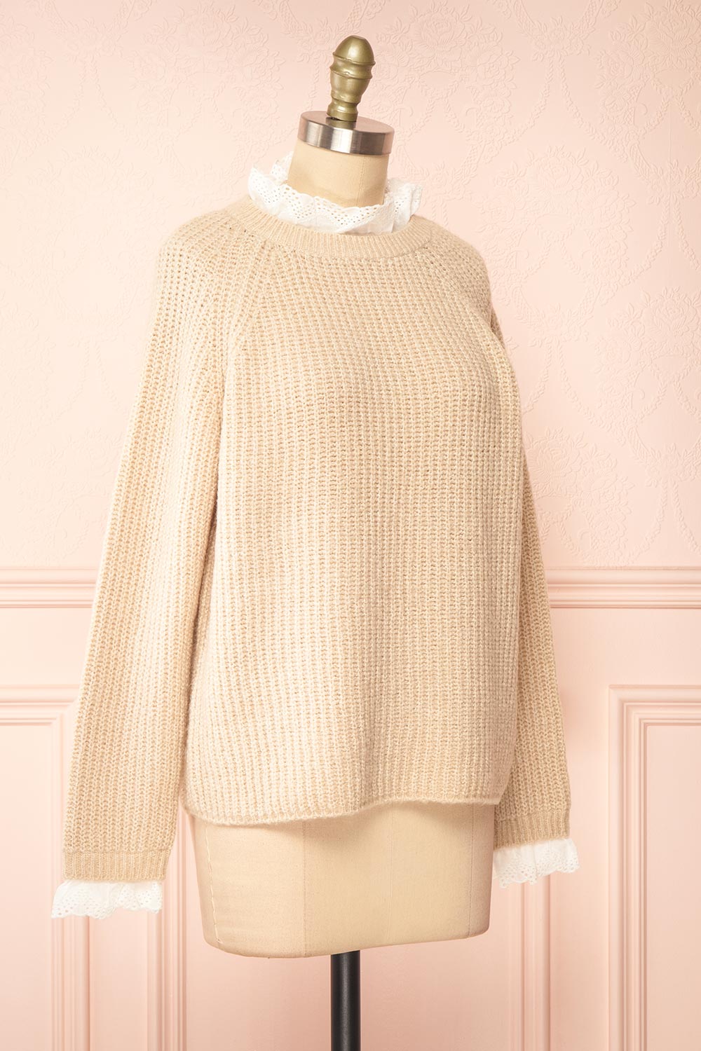 Eliona Beige Knit Sweater w/ Embroidered Openwork Collar | Boutique 1861 side view