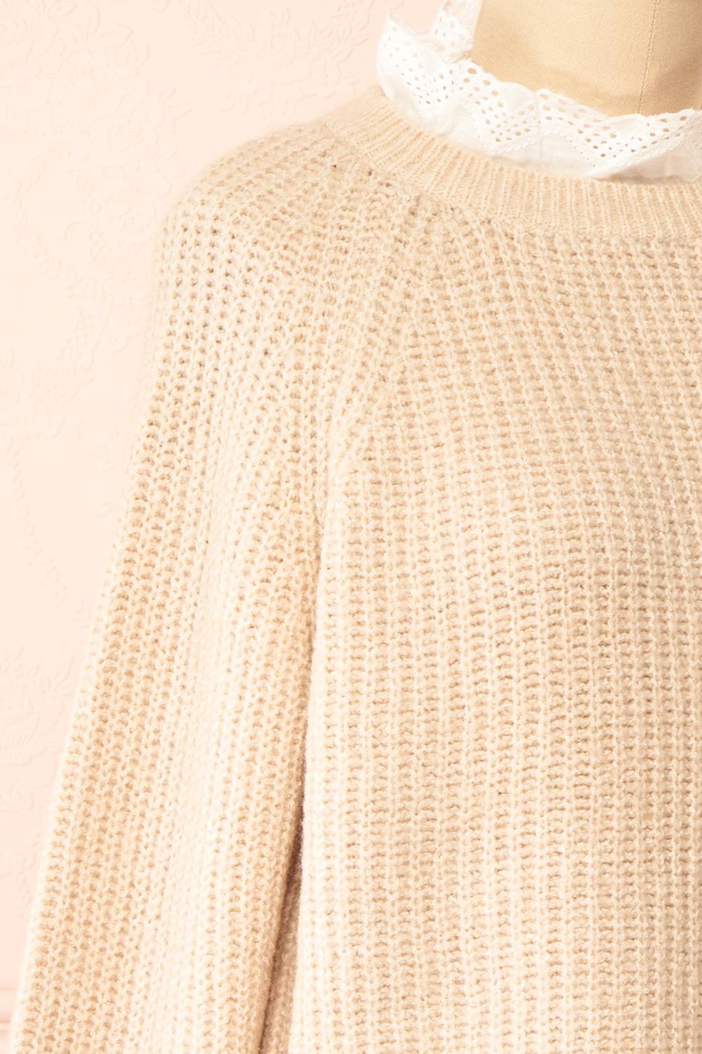 Eliona Beige Knit Sweater w/ Embroidered Openwork Collar | Boutique 1861 side close-up