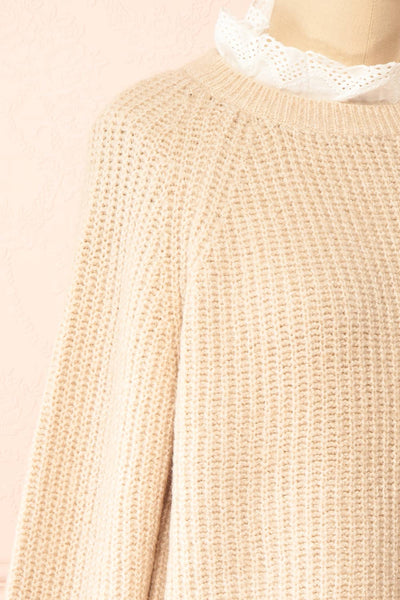 Eliona Beige Knit Sweater w/ Embroidered Openwork Collar | Boutique 1861 side close-up