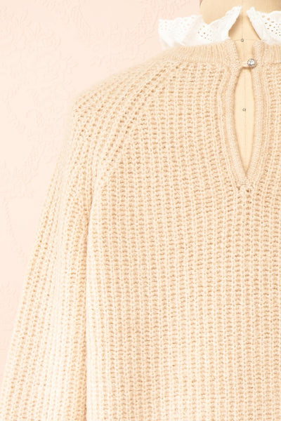 Eliona Beige Knit Sweater w/ Embroidered Openwork Collar | Boutique 1861 back close-up