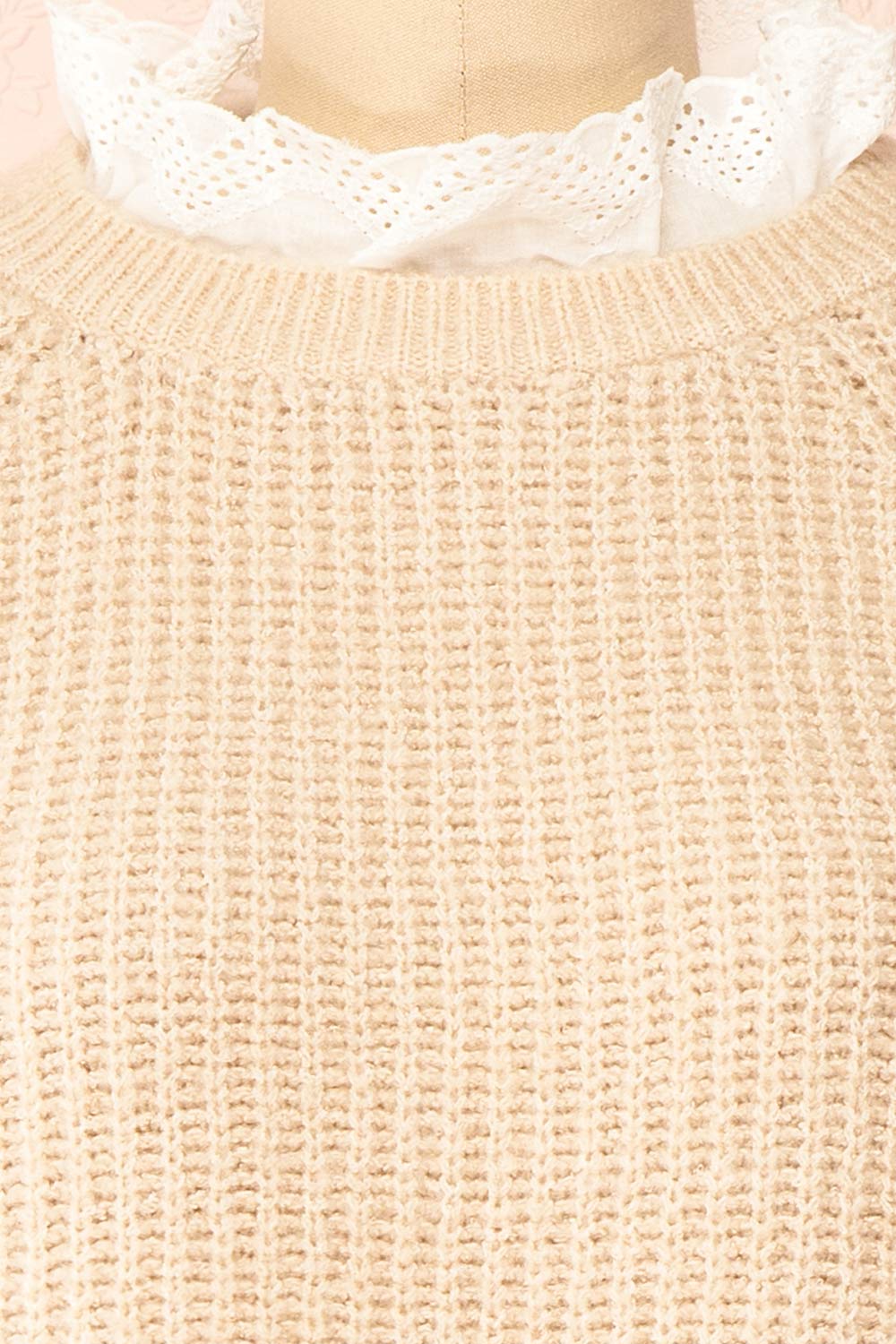 Eliona Beige Knit Sweater w/ Embroidered Openwork Collar | Boutique 1861 fabric