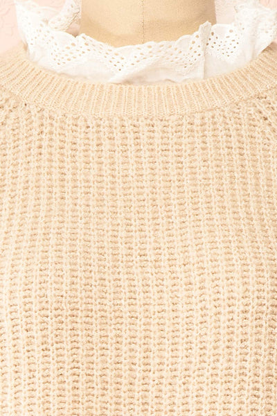 Eliona Beige Knit Sweater w/ Embroidered Openwork Collar | Boutique 1861 fabric