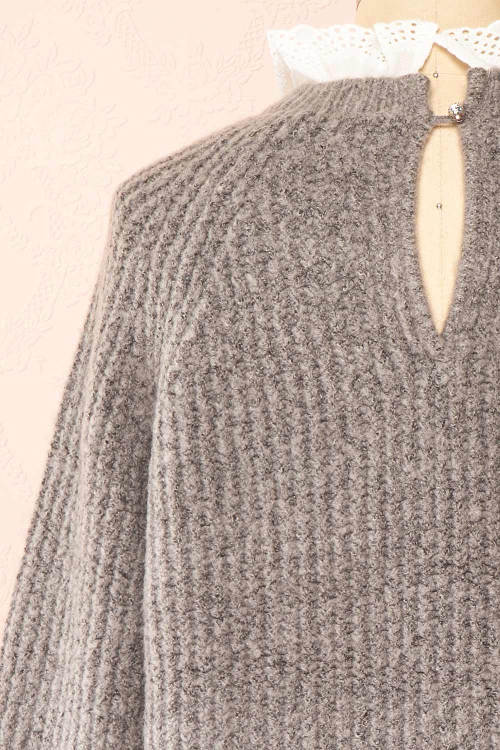 Eliona Grey Sweater w/ Embroidered Openwork Collar | Boutique 1861 back close-up