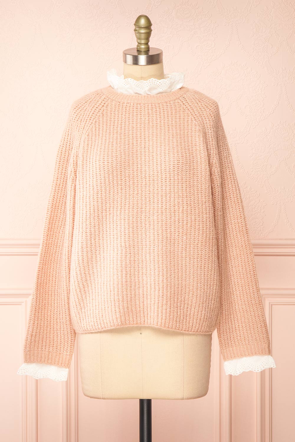 Eliona Pink Sweater w/ Embroidered Openwork Collar | Boutique 1861 front view