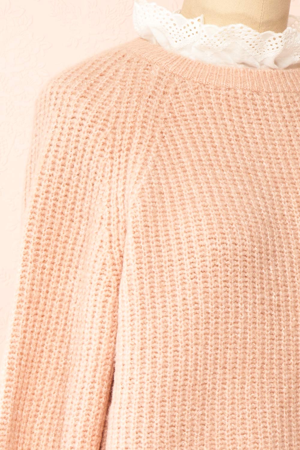 Eliona Pink Sweater w/ Embroidered Openwork Collar | Boutique 1861 side close-up