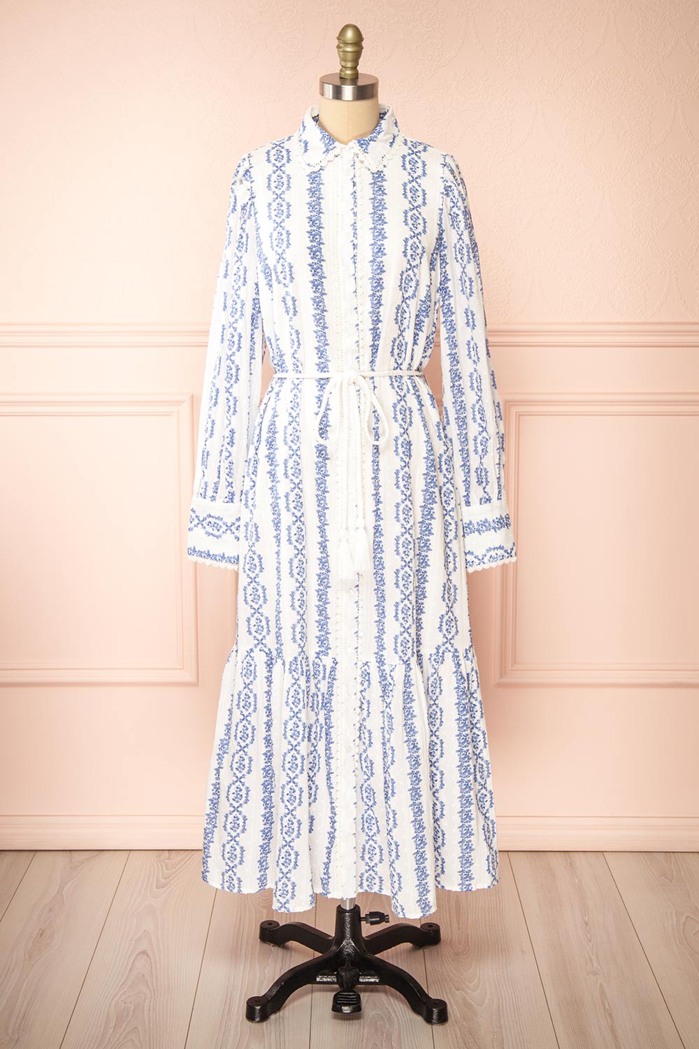 Eliris Long Floral White Dress w/ Long Sleeves | Boutique 1861 front view