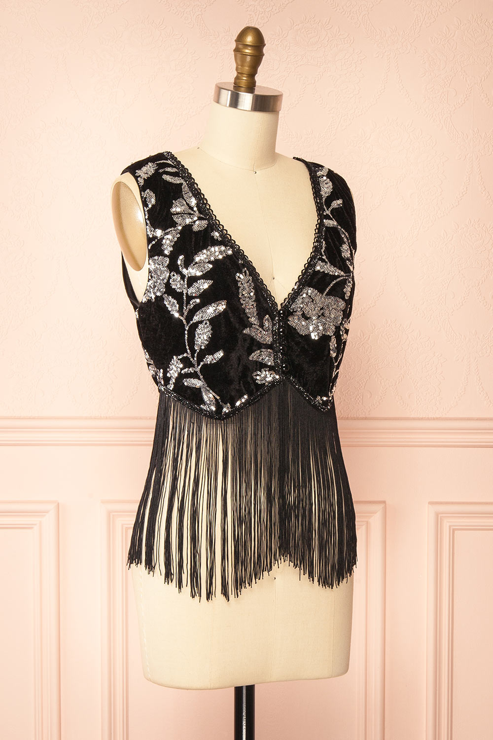 Elna Black Velvet Vest with Fringes | Boutique 1861 side view