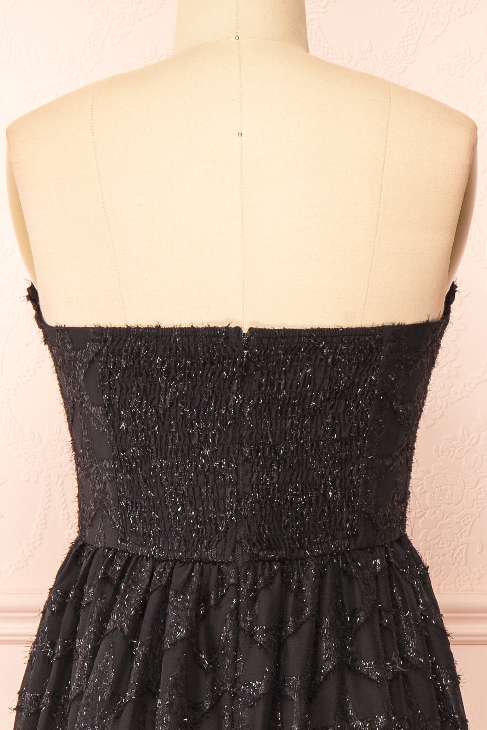 Elspeth Star Pattern Black Strapless Midi Dress | Boutique 1861 back close-up