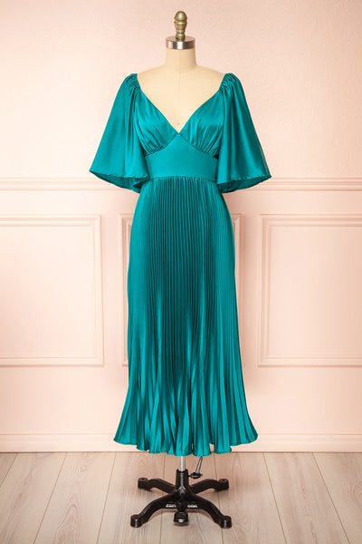 Elstree Midi Pleated Teal Dress | Boutique 1861 front view