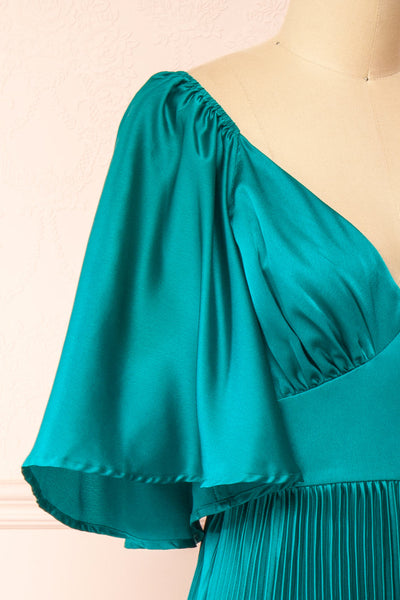 Elstree Midi Pleated Teal Dress | Boutique 1861 side close-up