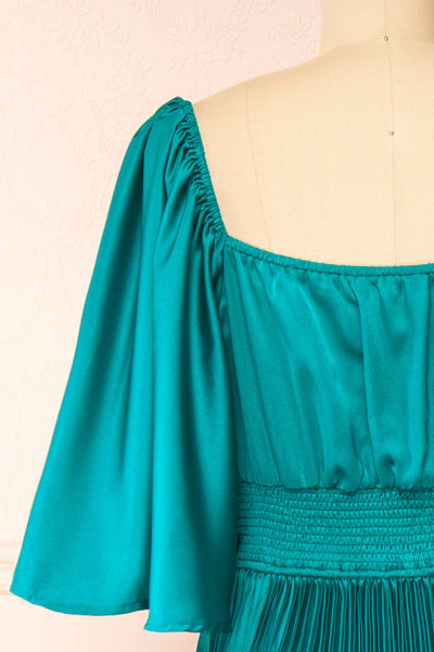Elstree Midi Pleated Teal Dress | Boutique 1861 back close-up