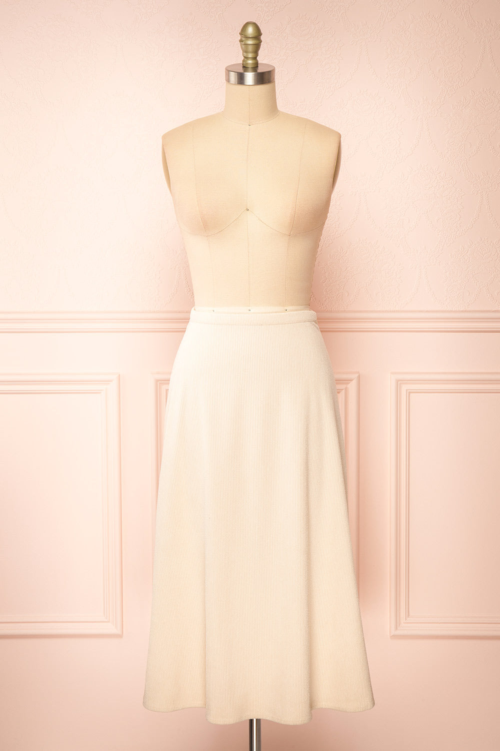 Elvandra Beige Corduroy A-line Midi Skirt | Boutique 1861 front view