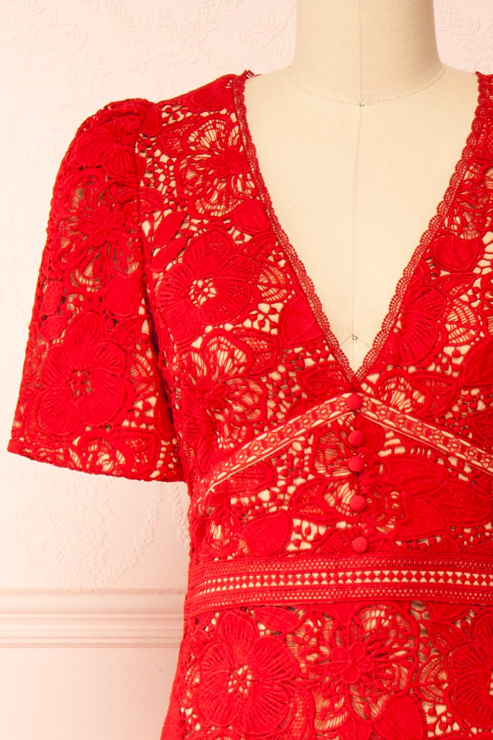 Elviana Red Crocheted Lace Midi Dress | Boutique 1861 front close-up