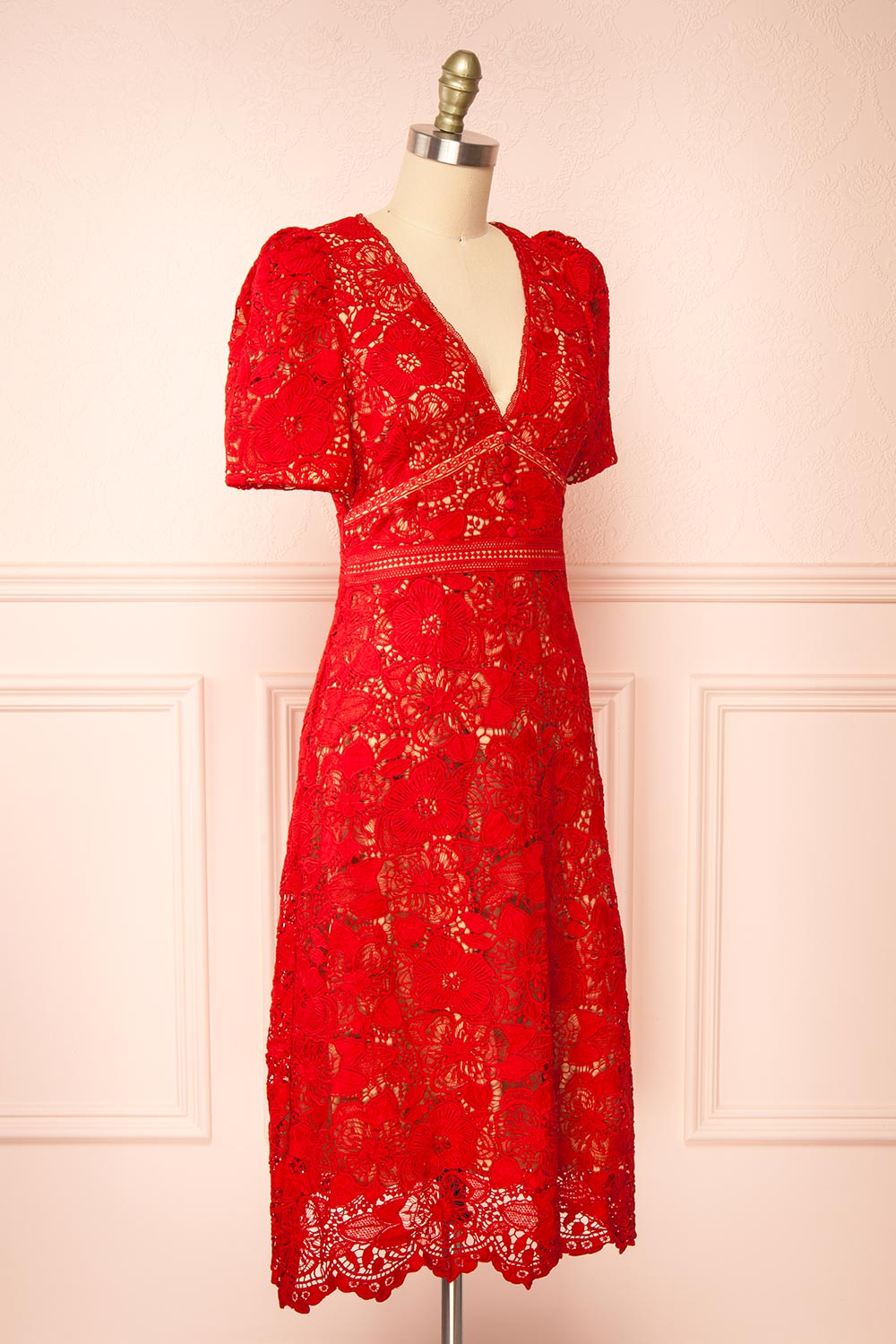 Elviana Red Crocheted Lace Midi Dress | Boutique 1861 side view