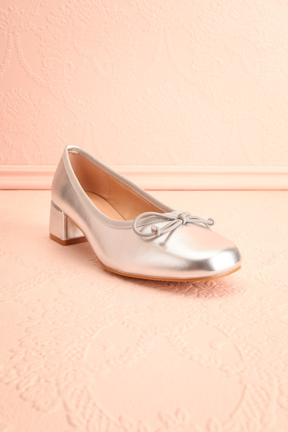 Elyria Silver Heeled Ballerina Shoes w/ Bow | Boutique 1861 front view