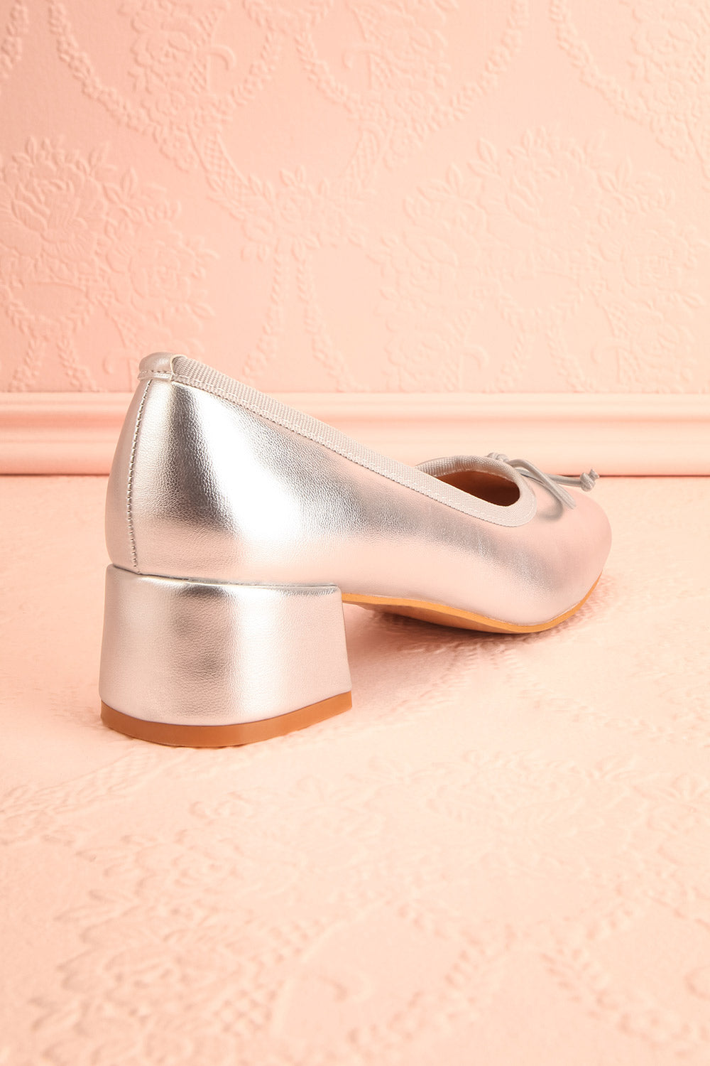 Elyria Silver Heeled Ballerina Shoes w/ Bow | Boutique 1861 back view