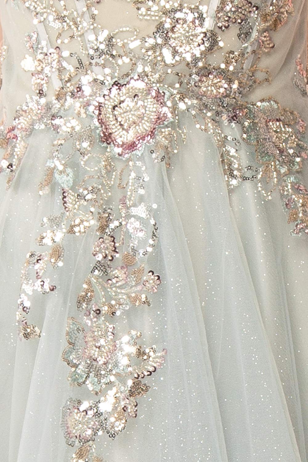 Emerie Sage Translucent A-Line Corset Dress | Boutique 1861 fabric