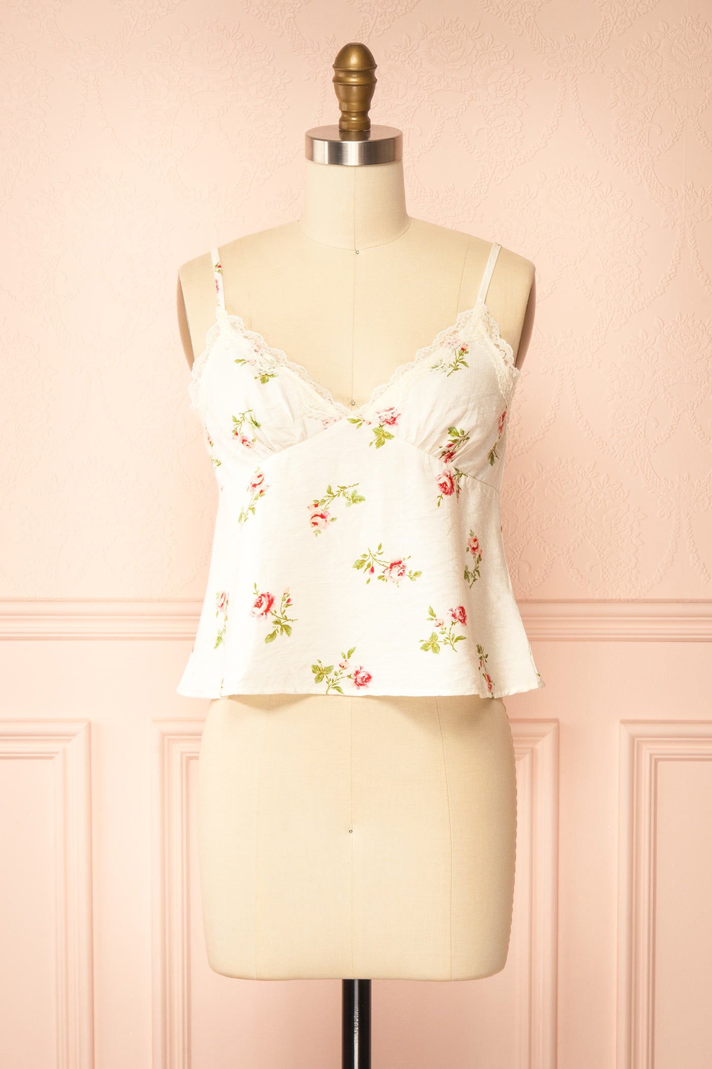 Front view Emryn Floral Rose Print Lace-Trim Ivory Camisole Top at boutique 1861