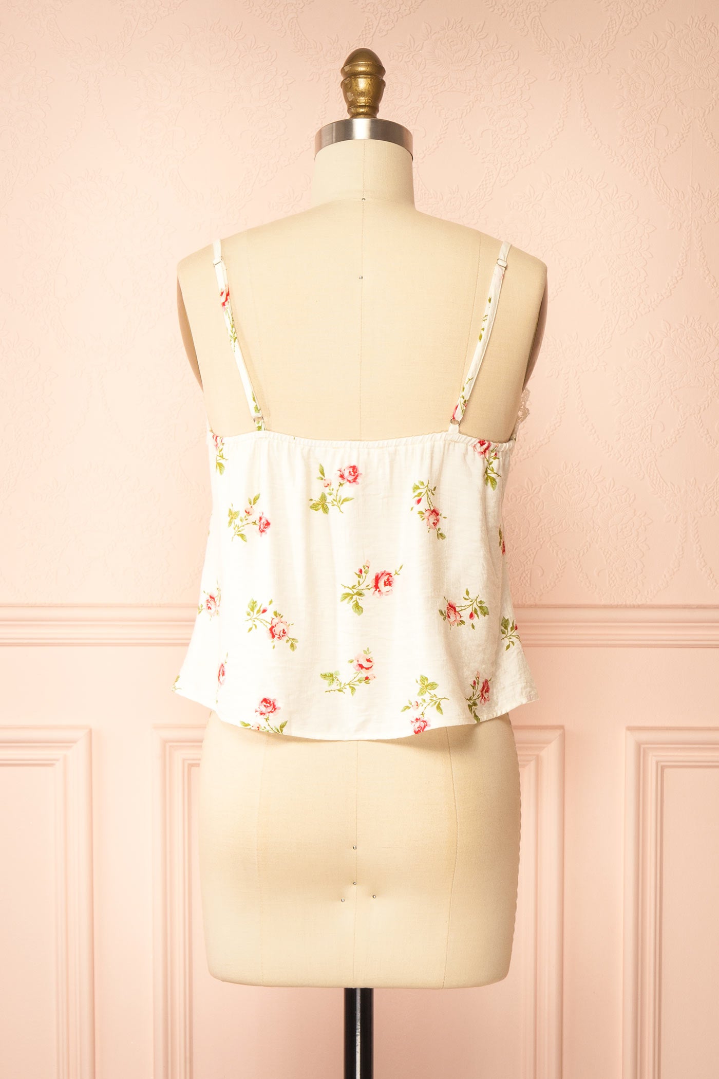 Back view Emryn Floral Rose Print Lace-Trim Ivory Camisole Top at boutique 1861