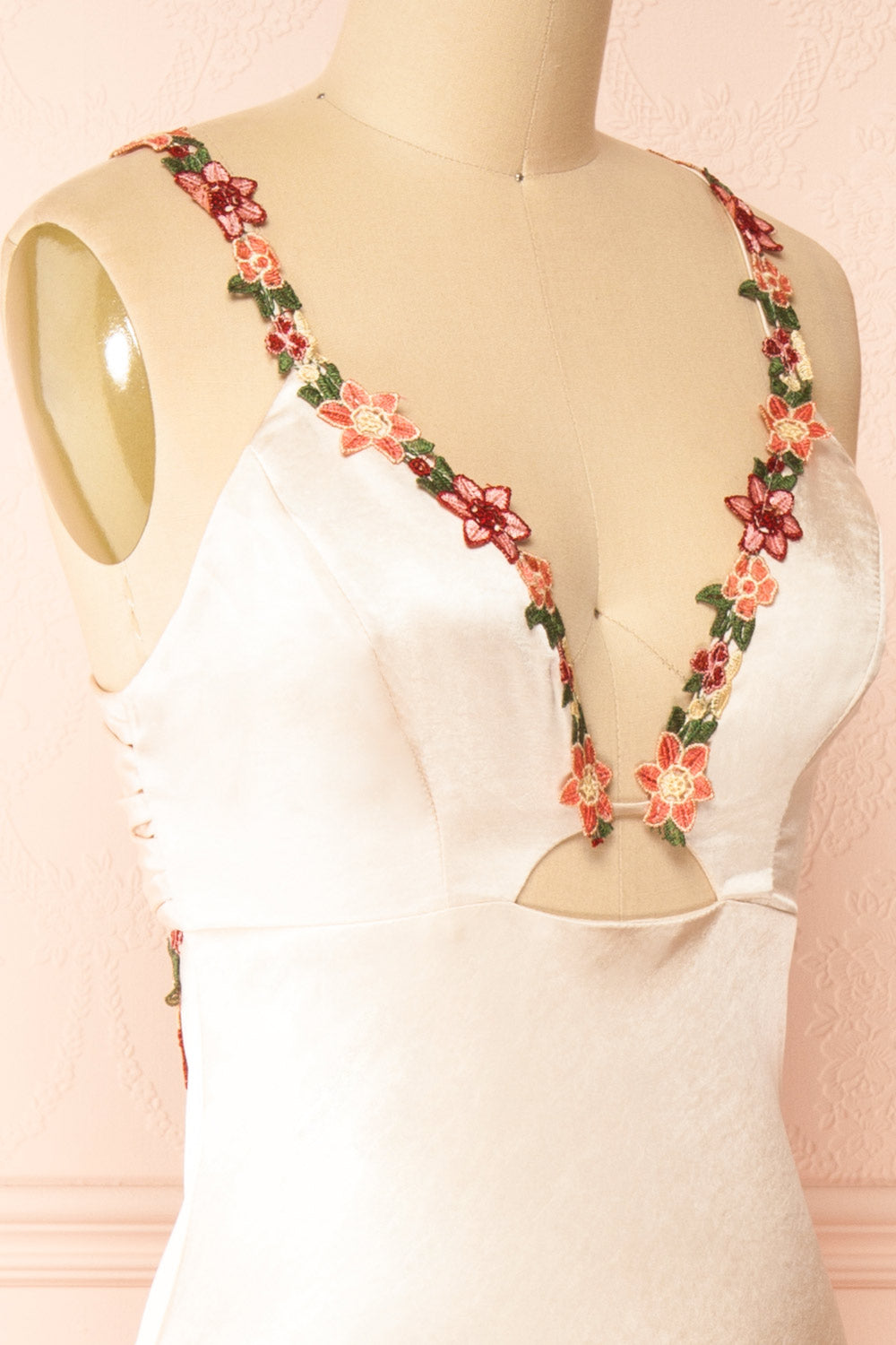 Envya Champagne Satin Maxi Dress w/ Floral Embroidery | Boutique 1861 side