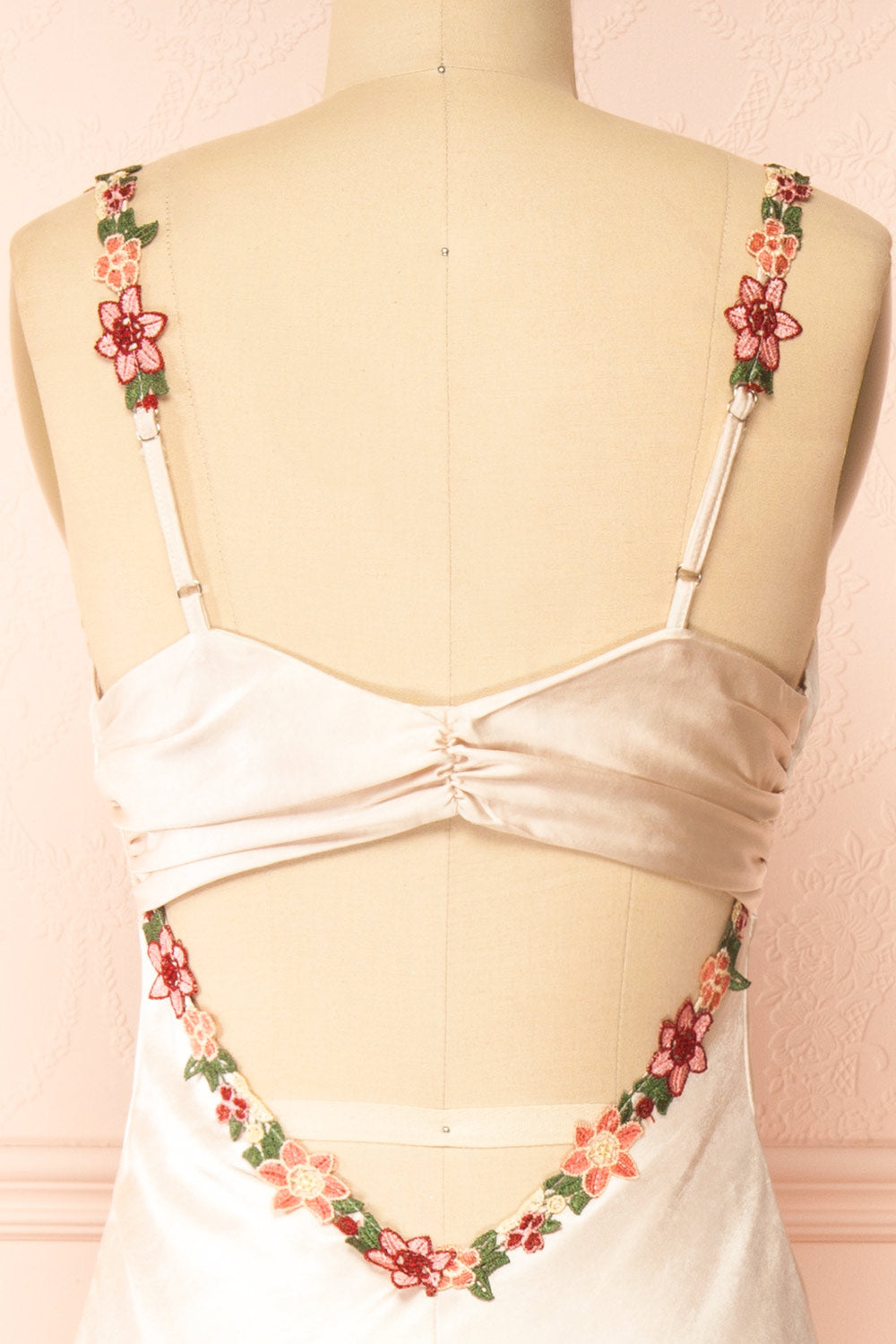 Envya Champagne Satin Maxi Dress w/ Floral Embroidery | Boutique 1861 back