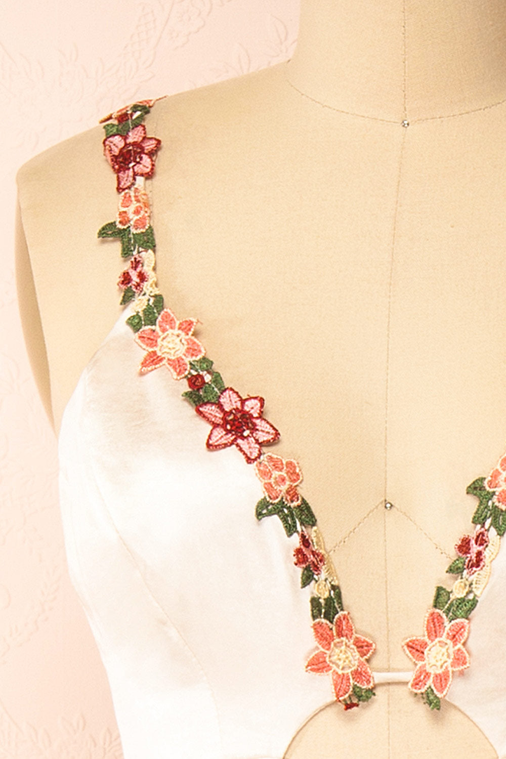 Envya Champagne Satin Maxi Dress w/ Floral Embroidery | Boutique 1861 fabric