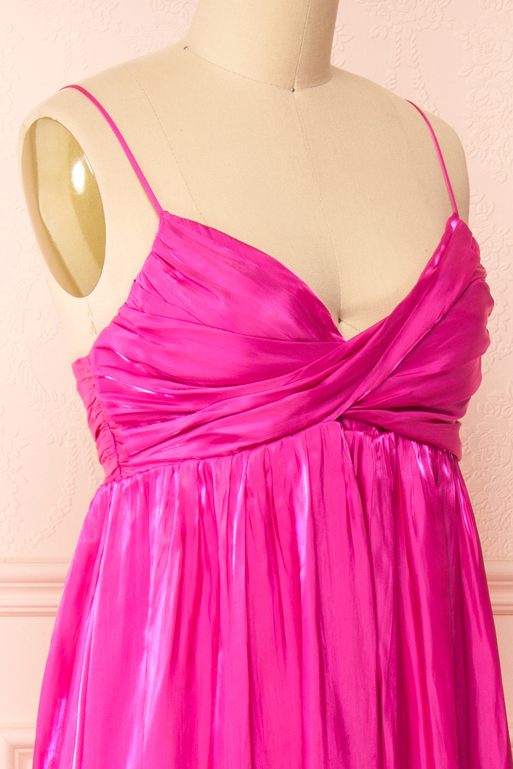 Eowyn Fucshia Silky Pleated Maxi Dress | Boutique 1861 side close-up