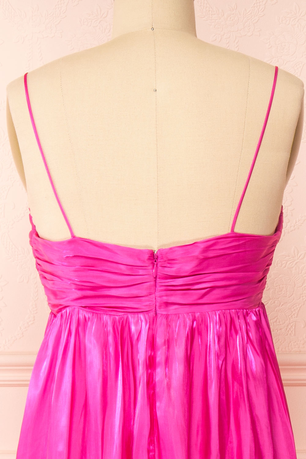 Eowyn Fucshia Silky Pleated Maxi Dress | Boutique 1861 back close-up