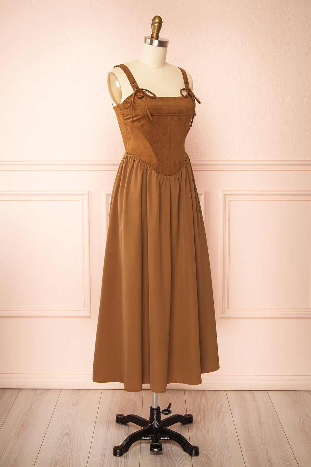 Esma Caramel Faux Suede Corset Dress | Boutique 1861 side view