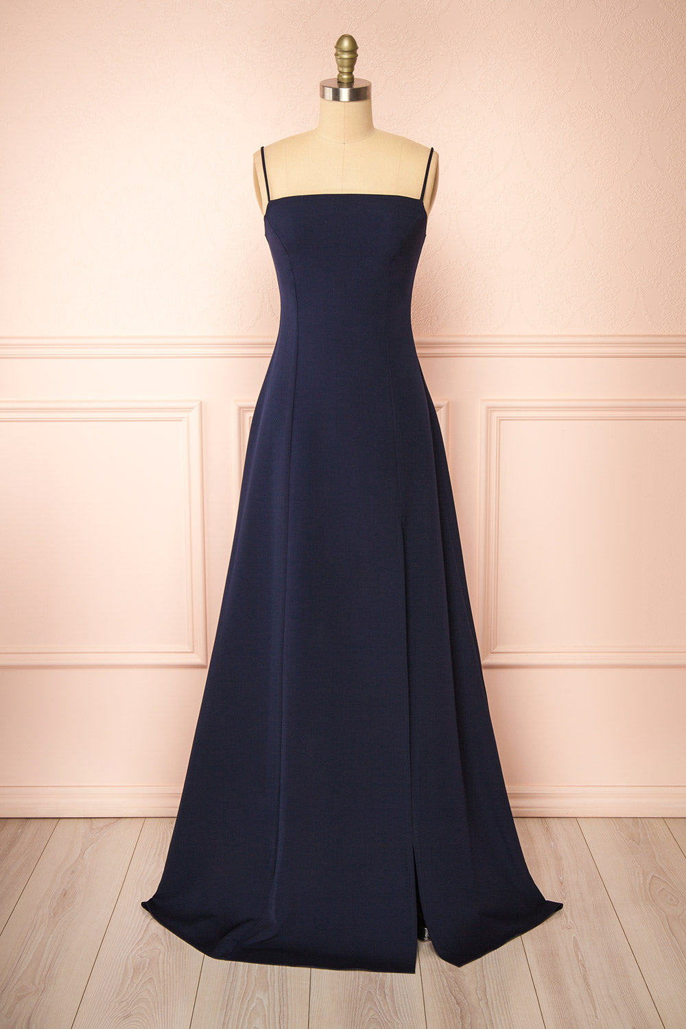 Estella Navy Maxi A-line Dress w/ Slit | Boudoir 1861 front view