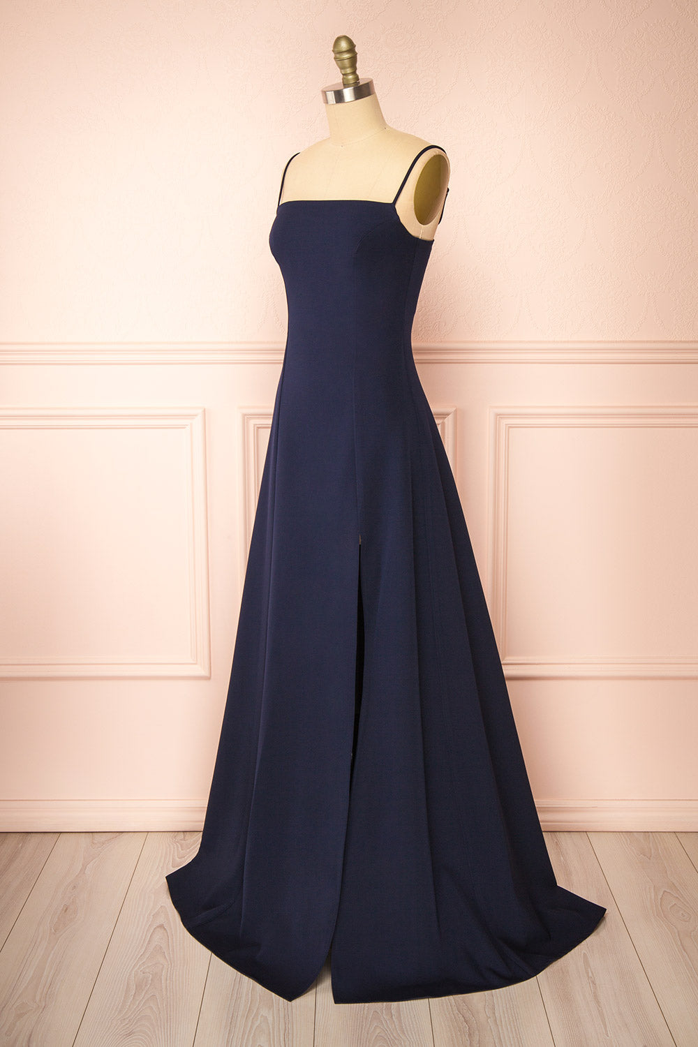 Estella Navy Maxi A-line Dress w/ Slit | Boudoir 1861 side view