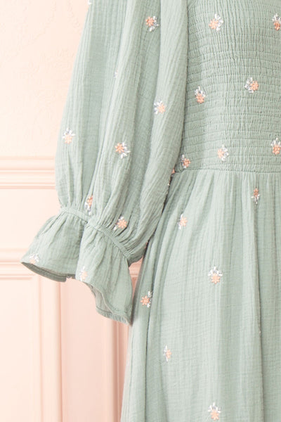 Estelle Blue Grey Midi Dress w/ Floral Embroidery | Boutique 1861 sleeve close-up