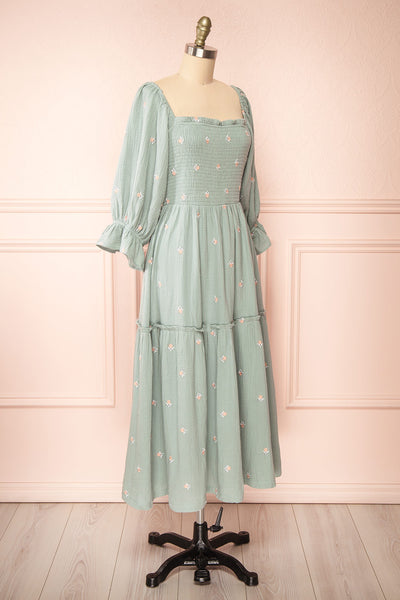 Estelle Blue Grey Midi Dress w/ Floral Embroidery | Boutique 1861 side view
