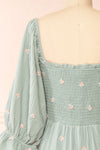 Estelle Blue Grey Midi Dress w/ Floral Embroidery | Boutique 1861 back close-up