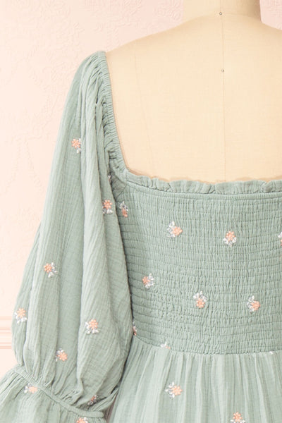 Estelle Blue Grey Midi Dress w/ Floral Embroidery | Boutique 1861 back close-up