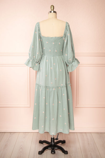 Estelle Blue Grey Midi Dress w/ Floral Embroidery | Boutique 1861 back view