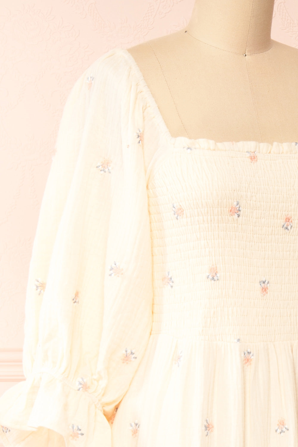 Estelle Ivory Midi Dress w/ Floral Embroidery | Boutique 1861 side close-up