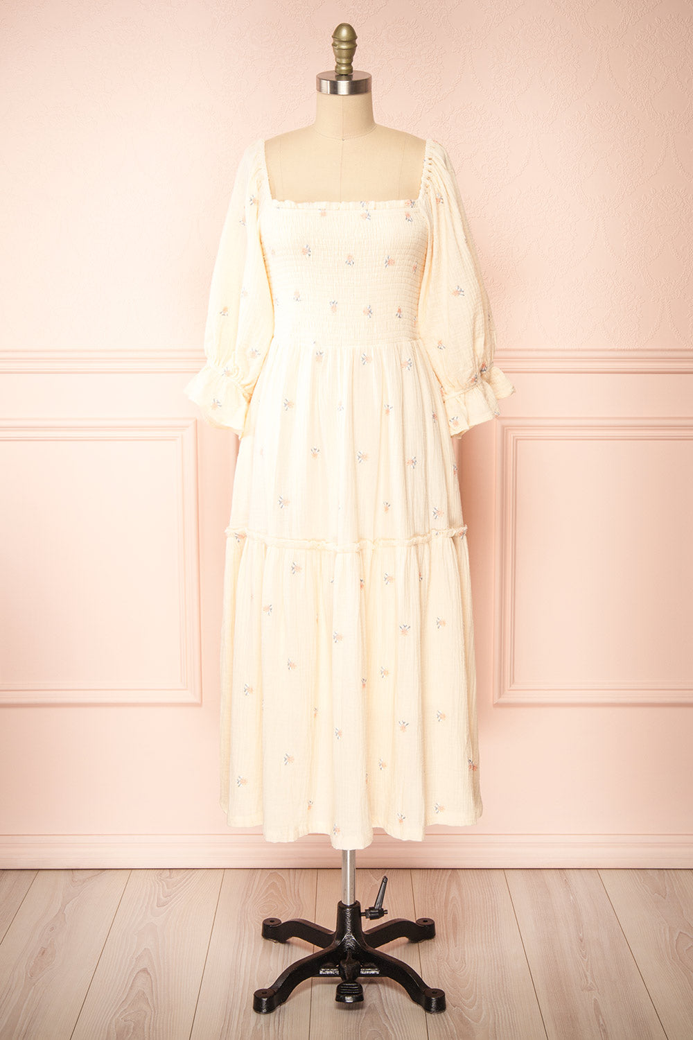 Estelle Ivory Midi Dress w/ Floral Embroidery | Boutique 1861 front view
