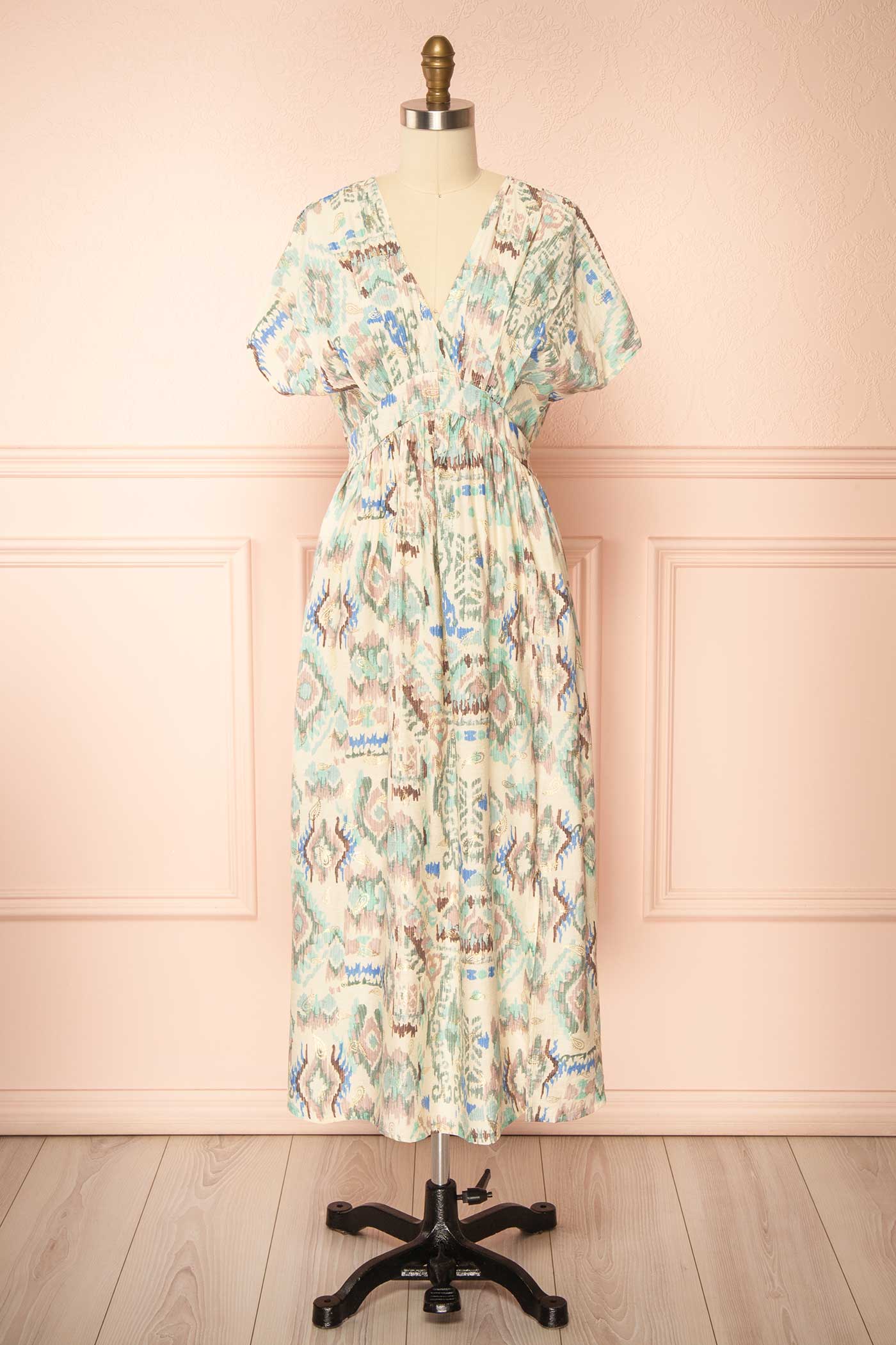 Frontview Eucharis Midi Dress with Ethnic Pattern at la boutique 1861