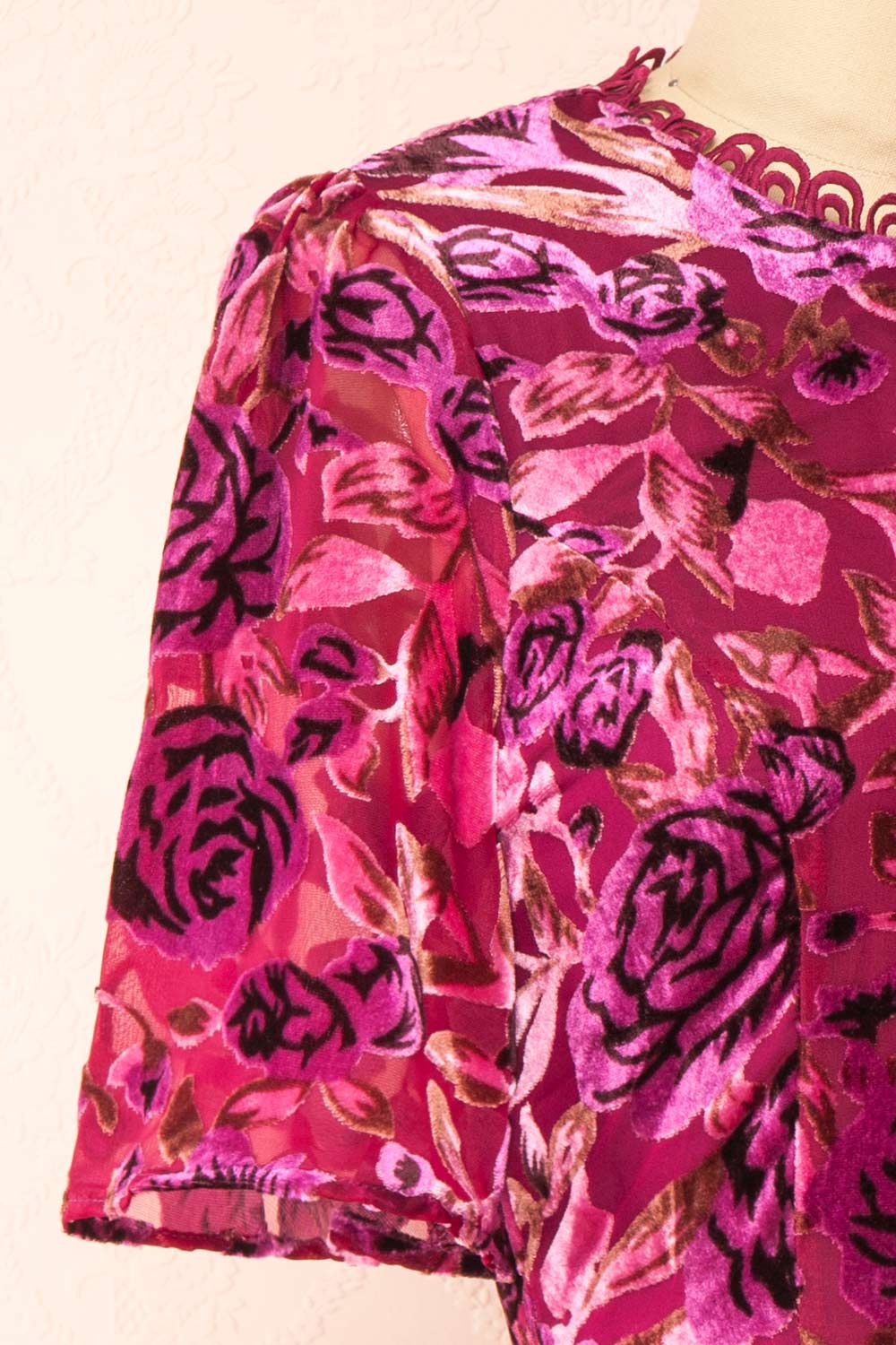 Eudine Short Violet Velvet Floral Dress | Boutique 1861 side close-up