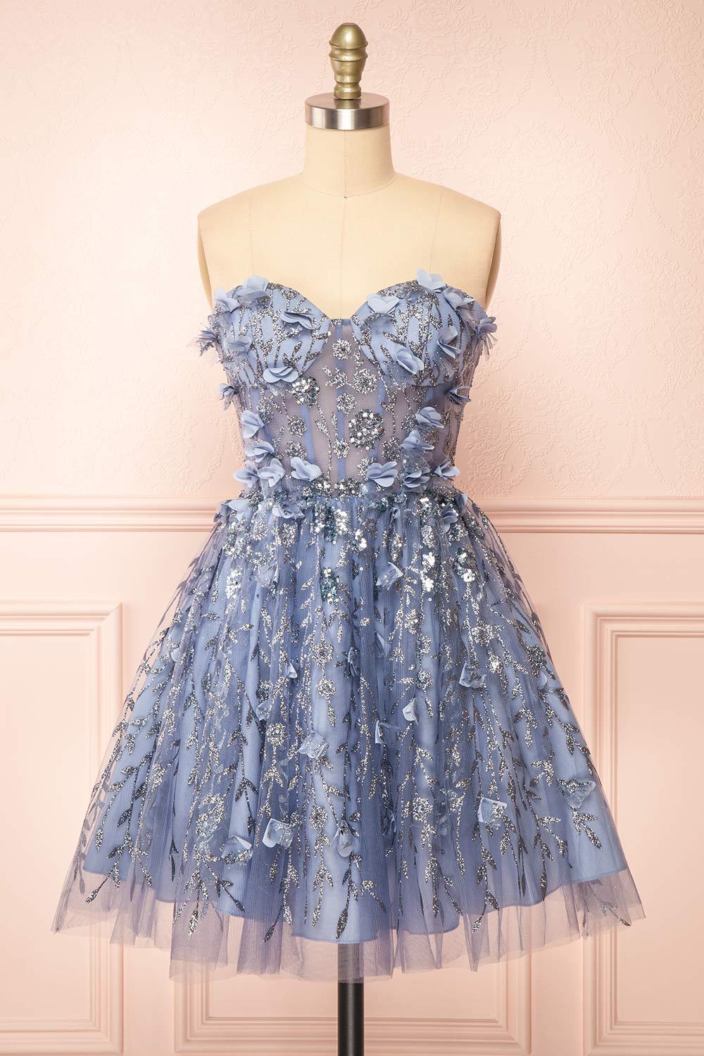 Eudora Short Sparkly Blue Dress w/ Floral Appliqus | Boutique 1861 Eudora Short Sparkly Blue Dress w/ Floral Appliqus | Boutique 1861
