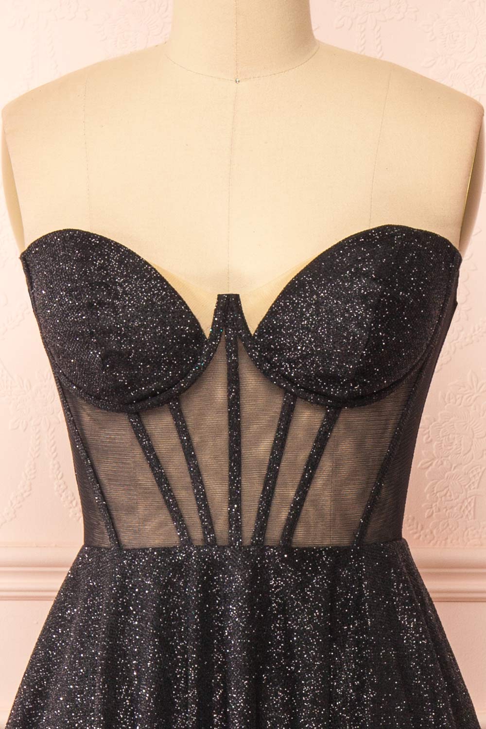 Euphea Black Glitter Strapless Corset Dress | Boutique 1861 front close-up